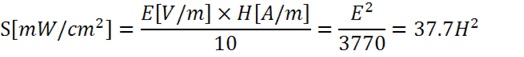 S[ｍＷ/cｍ2]=E[V/m]×H[A/m]/10=E2/3770=37.7H2